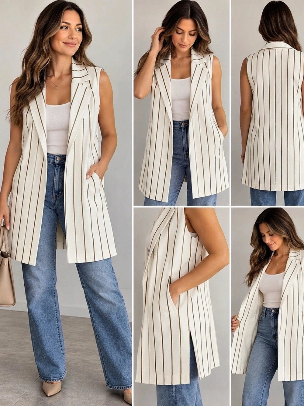 Chico's Striped Long Vest in White & Brown Size 1 (US 6/8P)